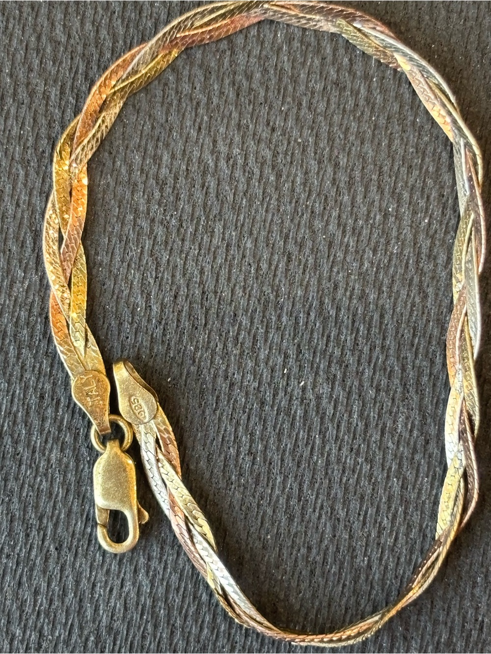 Tri-Tone Braided Women's Bracelet/Gold, Rose & Silver, marked/stamped 925 Italy